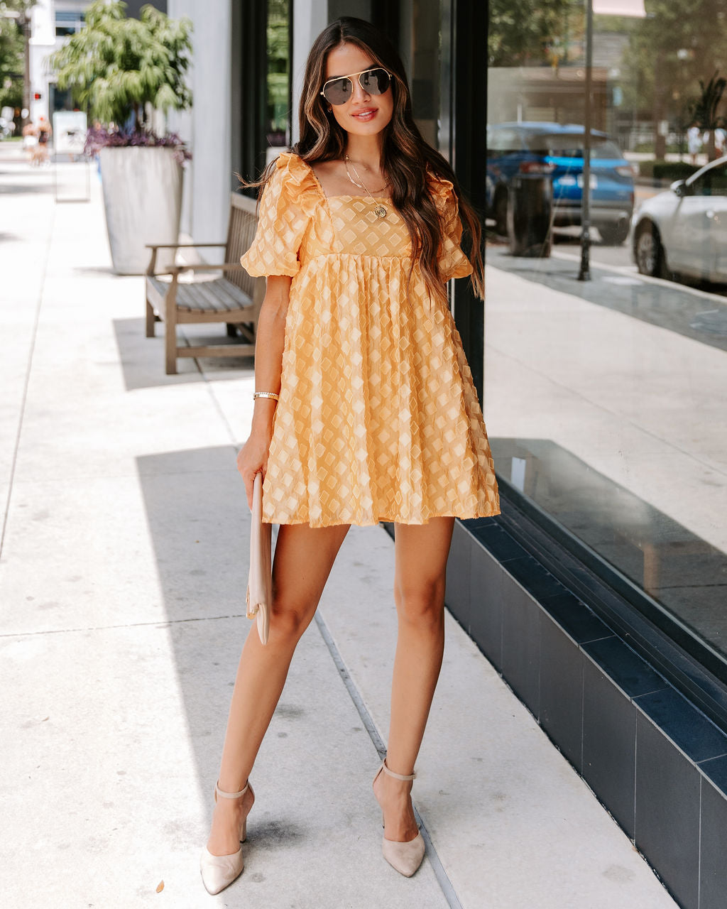 Unforgettable Sunrise Textured Babydoll Dress - Yellow - FINAL SALE