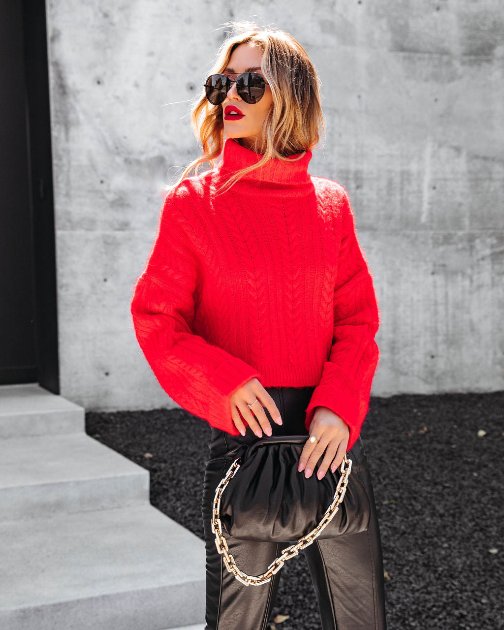 Georgie Cable Knit Turtleneck Pullover Sweater - Red - FINAL SALE