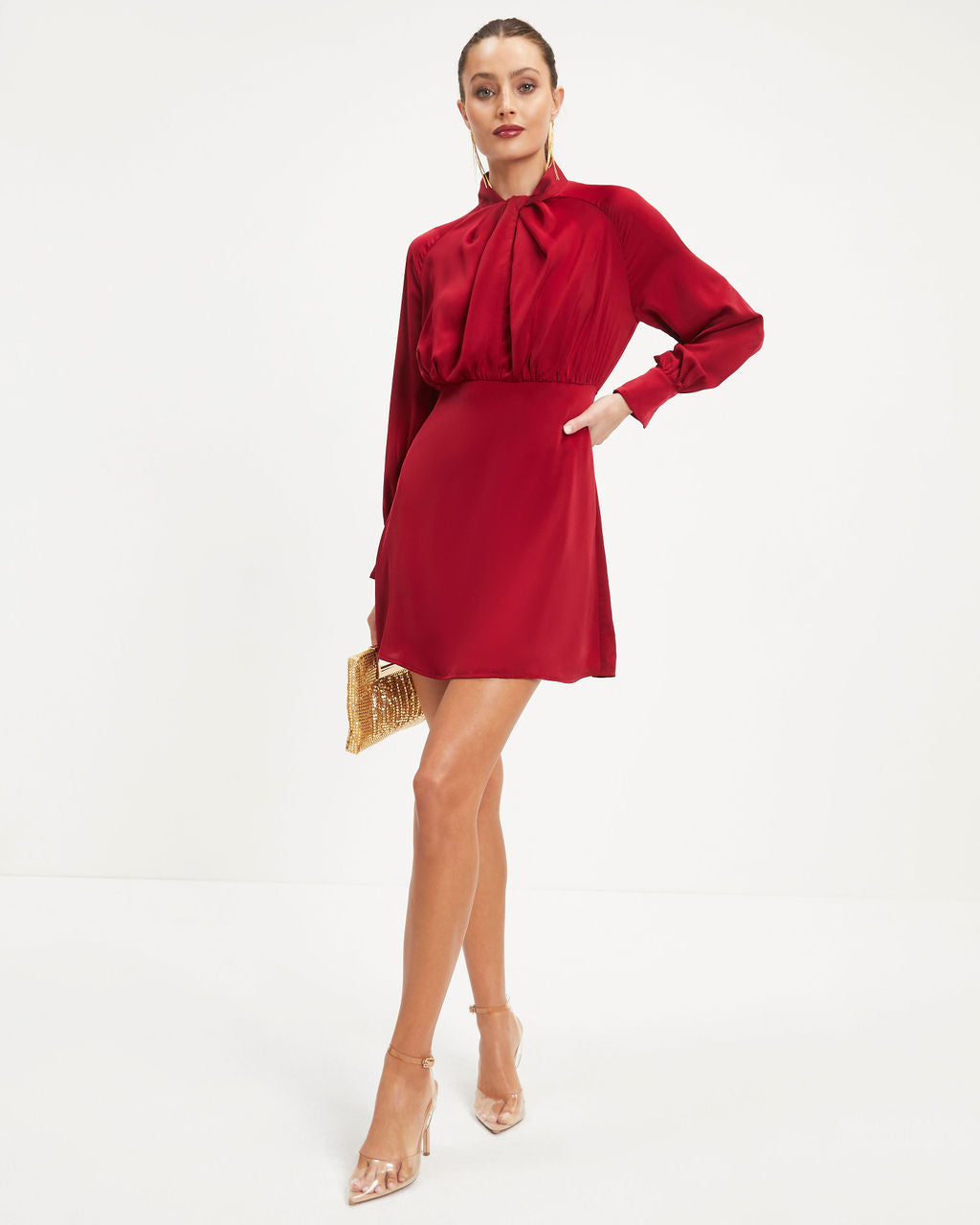 Hostess With The Mostess Twisted Long Sleeve Mini Dress - Wine