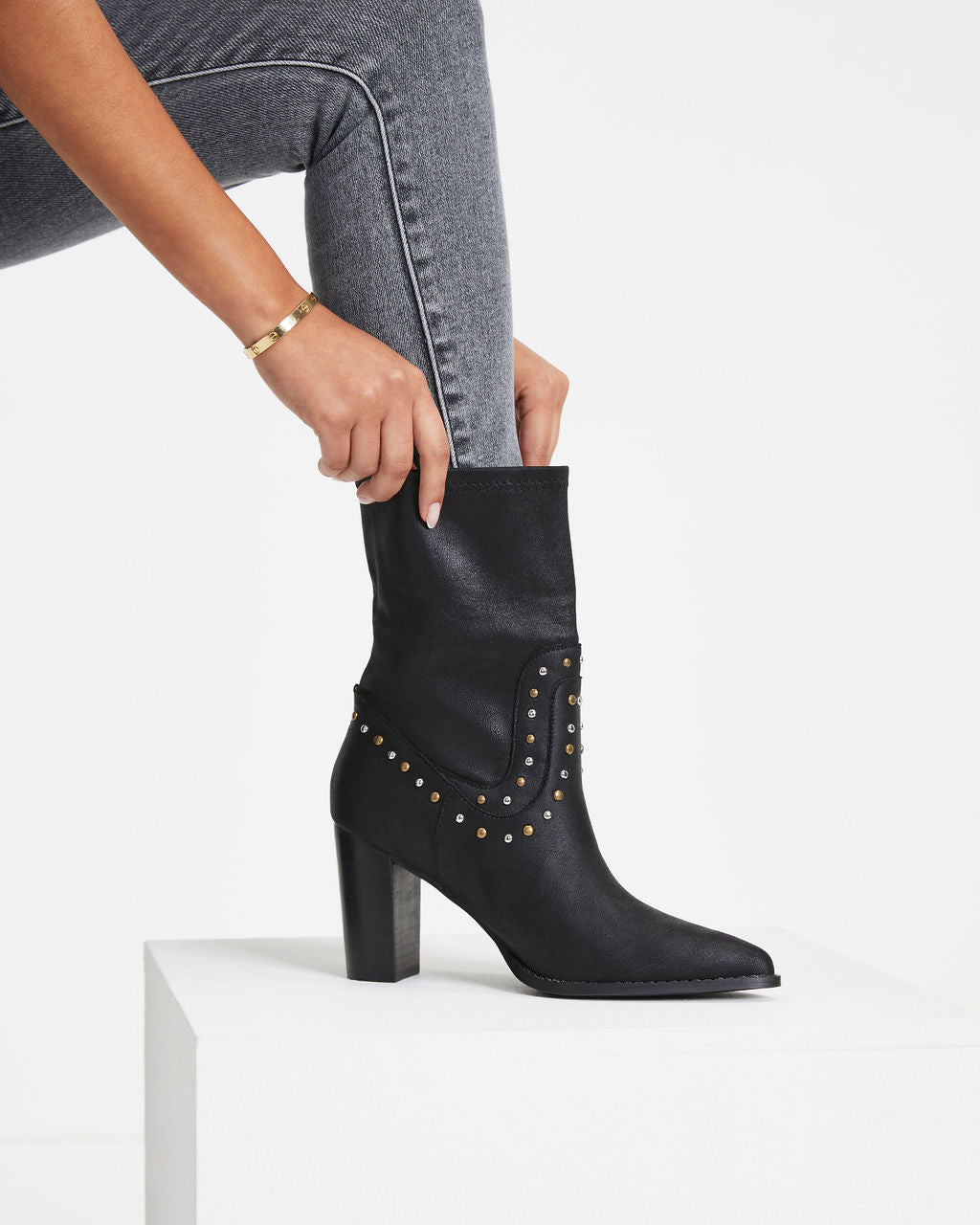 Dina Studded Faux Leather Heeled Boot - Black