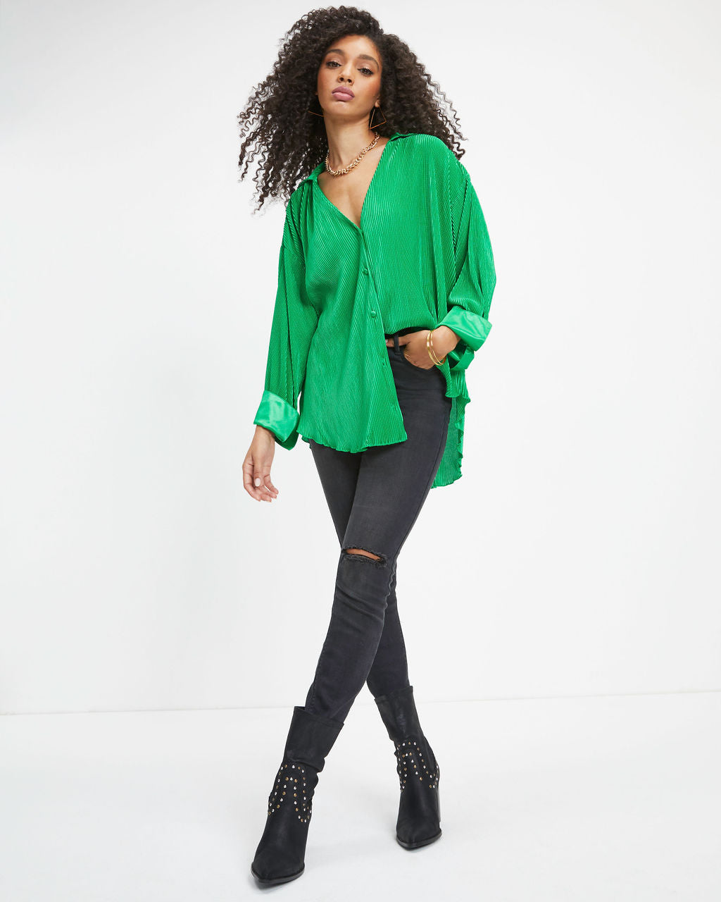 Milan Plisse Button Down Top - Emerald