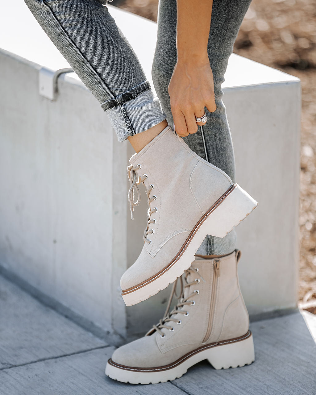 Marissa Faux Suede Lace Up Boot - Beige