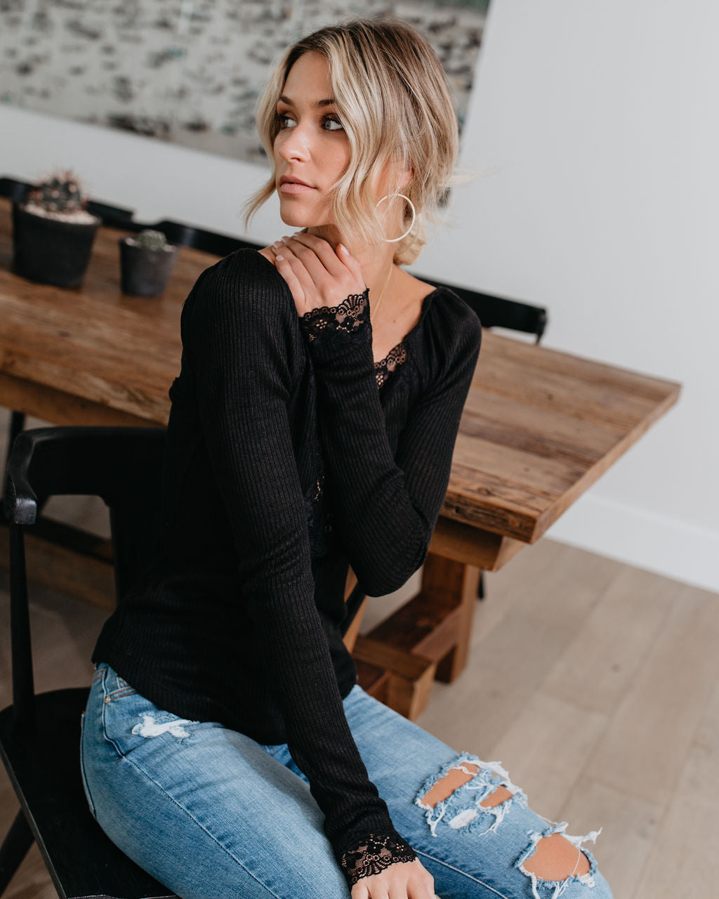 Isn'T It Romantic Lace Henley Top - Black