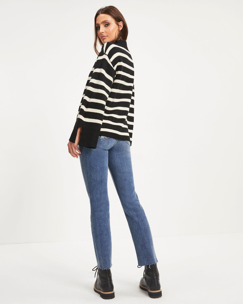 Torres Striped Mock Neck Knit Sweater - Black
