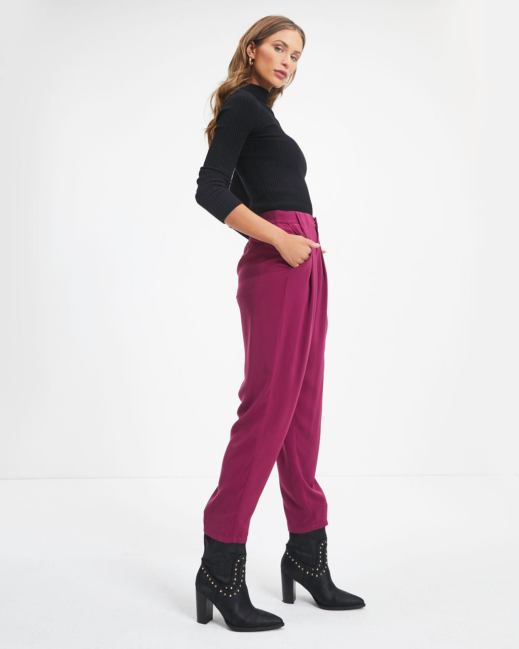 Naomi Ribbed Mock Neck Long Sleeve Top - Black