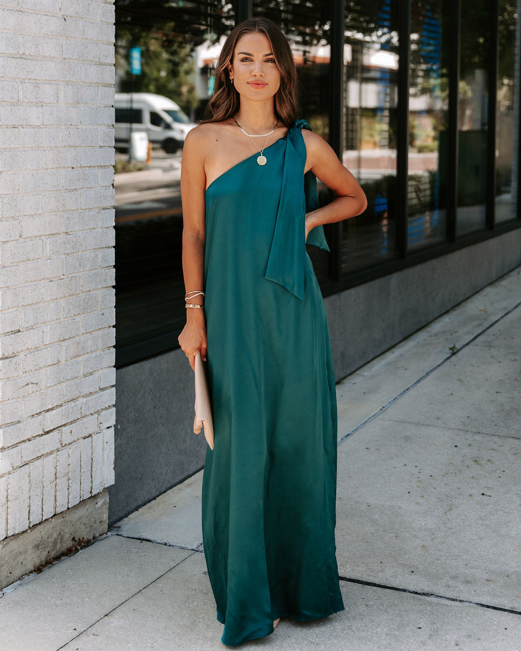 Invite Only Satin One Shoulder Maxi Dress - Dark Green