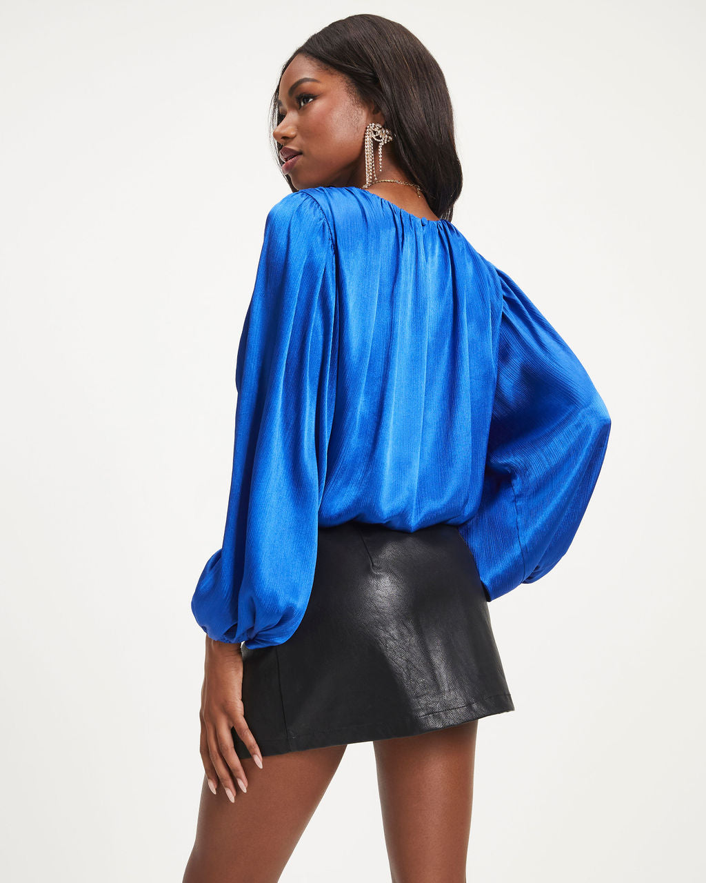 Perfect Timing Satin Balloon Sleeve Top - Blue