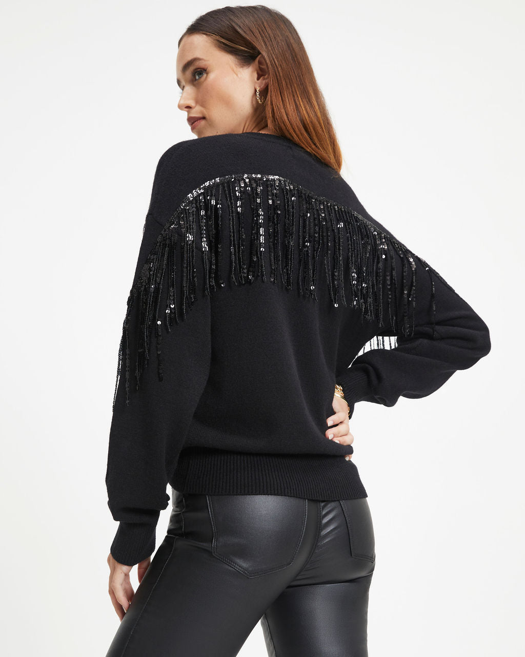 Western Glam Knit Fringe Sequin Pullover Sweater - Black