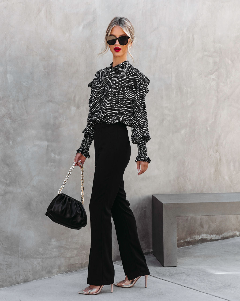 Roseanne Polka Dot Tie Neck Ruffle Top