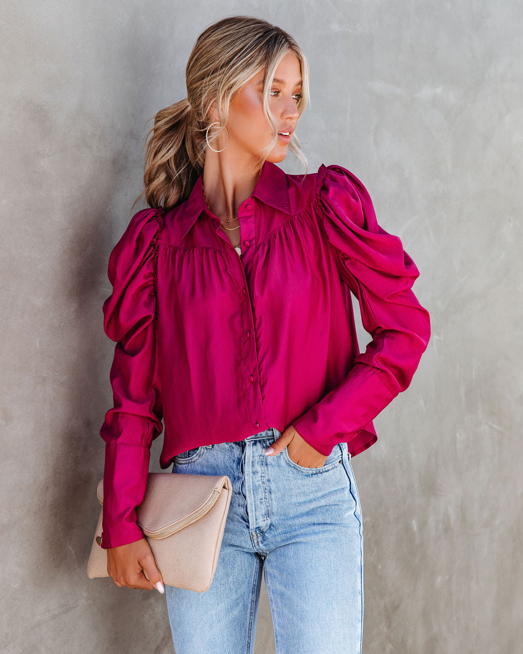Southern Belle Puff Sleeve Button Down Top - Rose - SALE