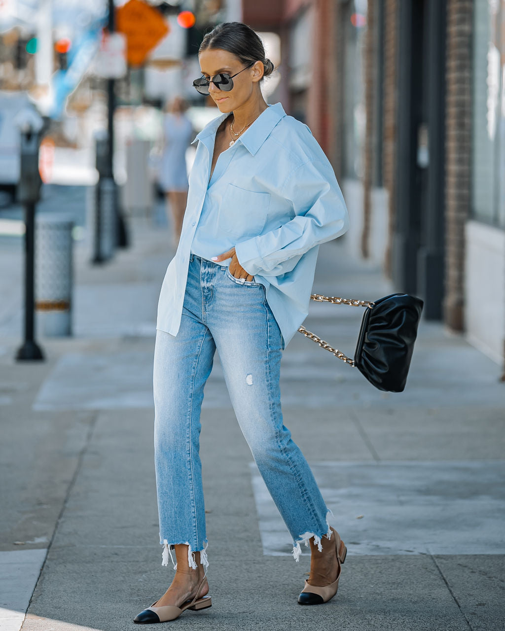 Federica Cotton Button Down Top - Light Blue