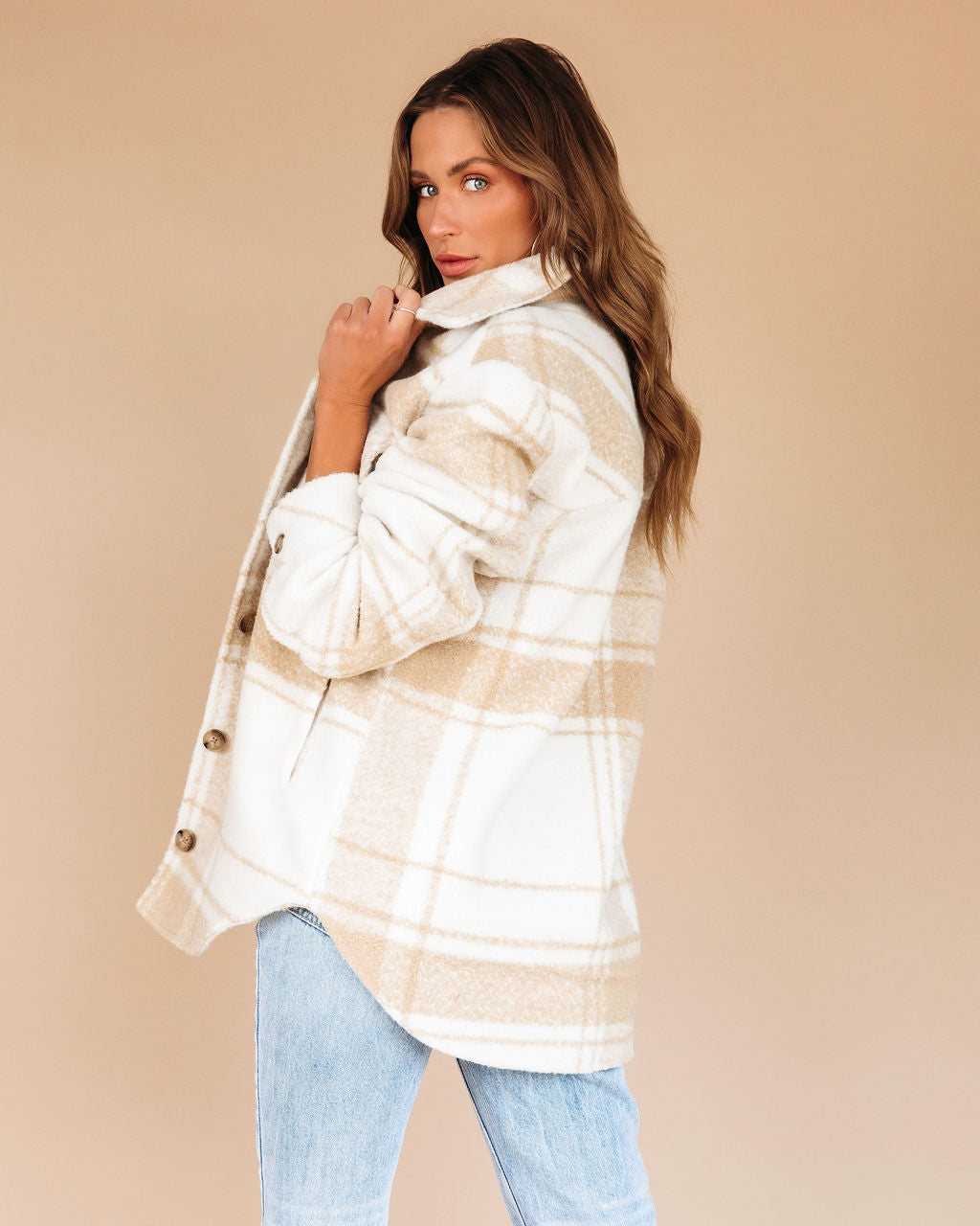 Weekend Road Trip Plaid Pocketed Jacket - Cream