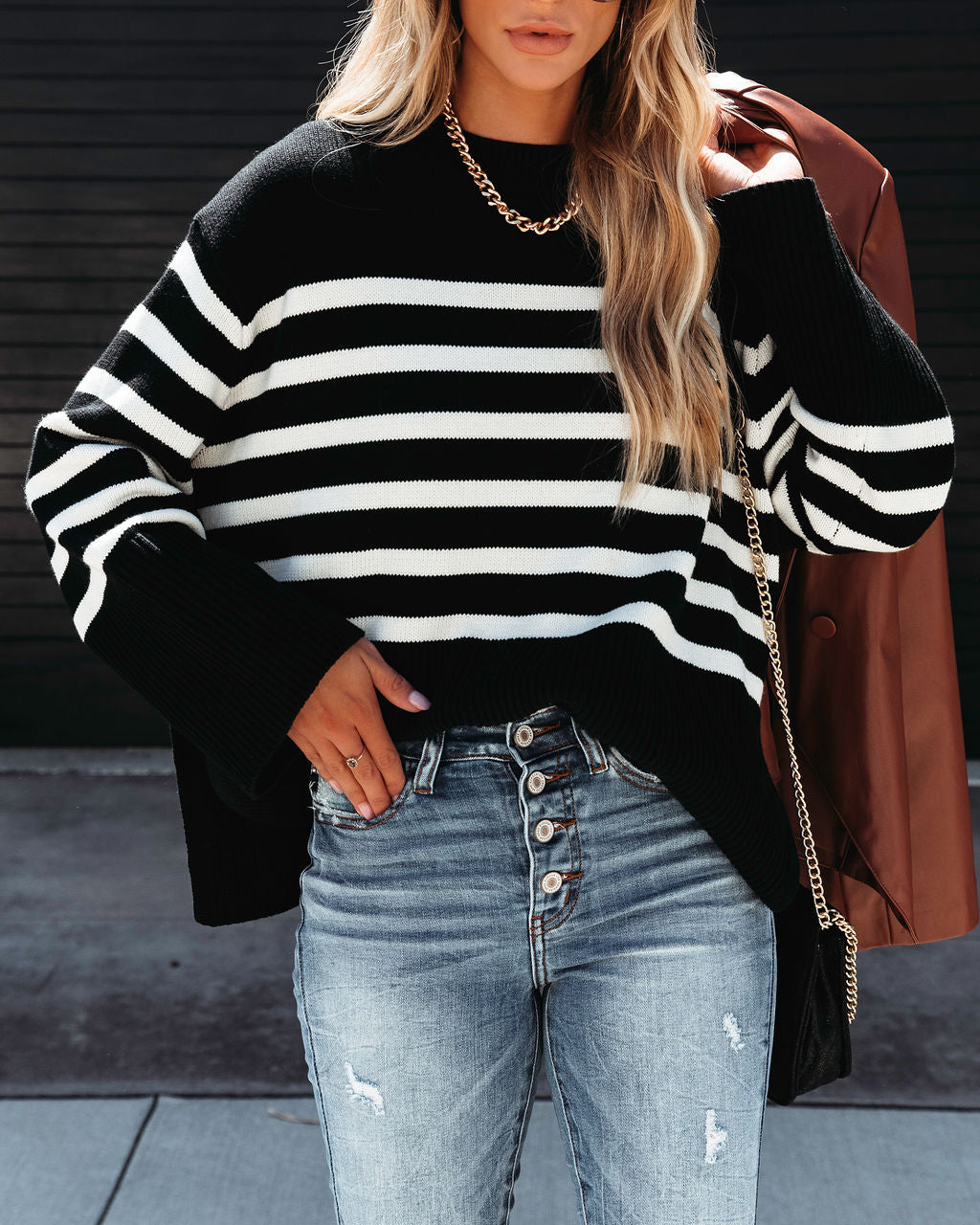 Hamptons Striped Oversized Pullover Sweater - Black