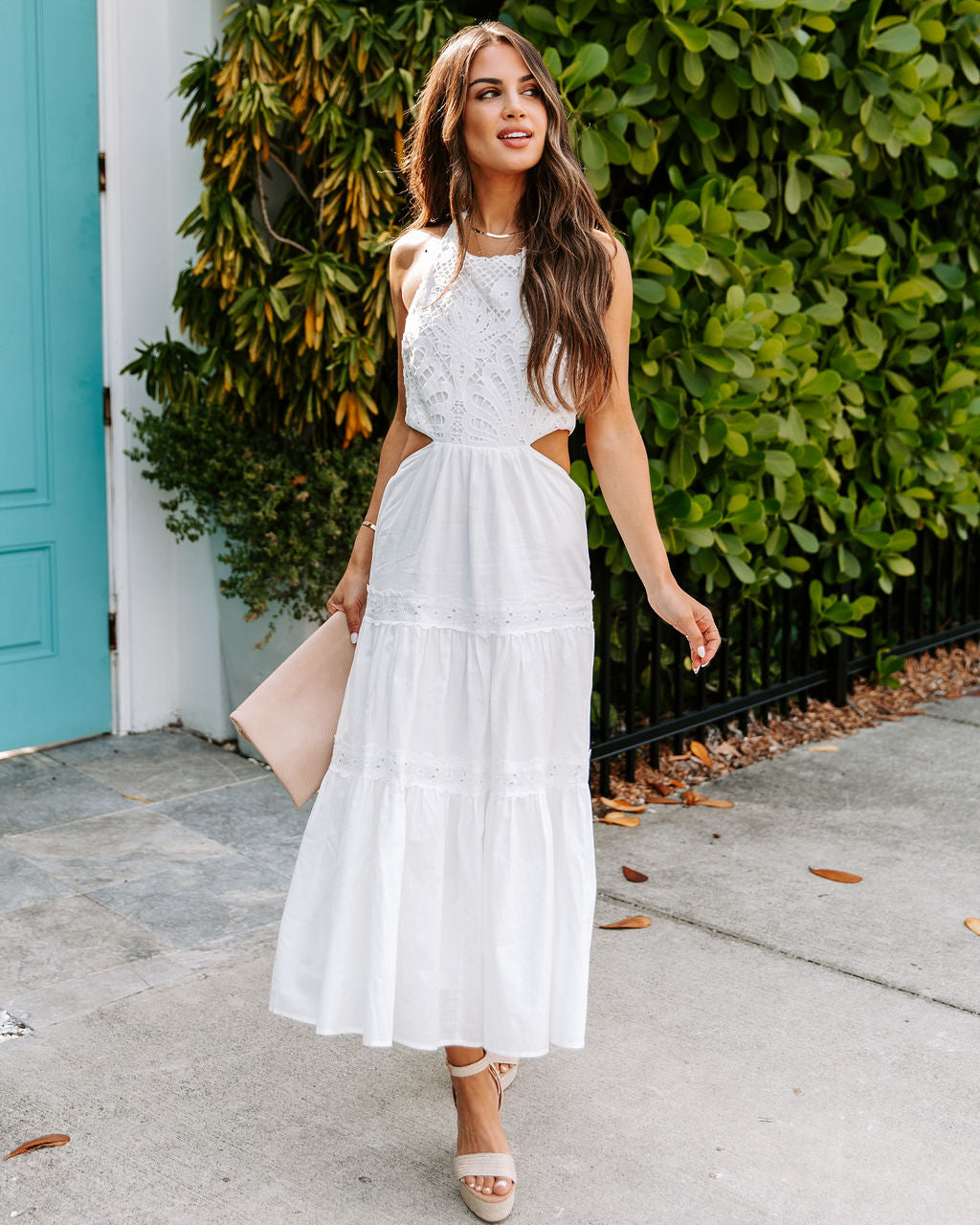 Falisha Cotton Linen Crochet Halter Midi Dress - Off White - FINAL SALE