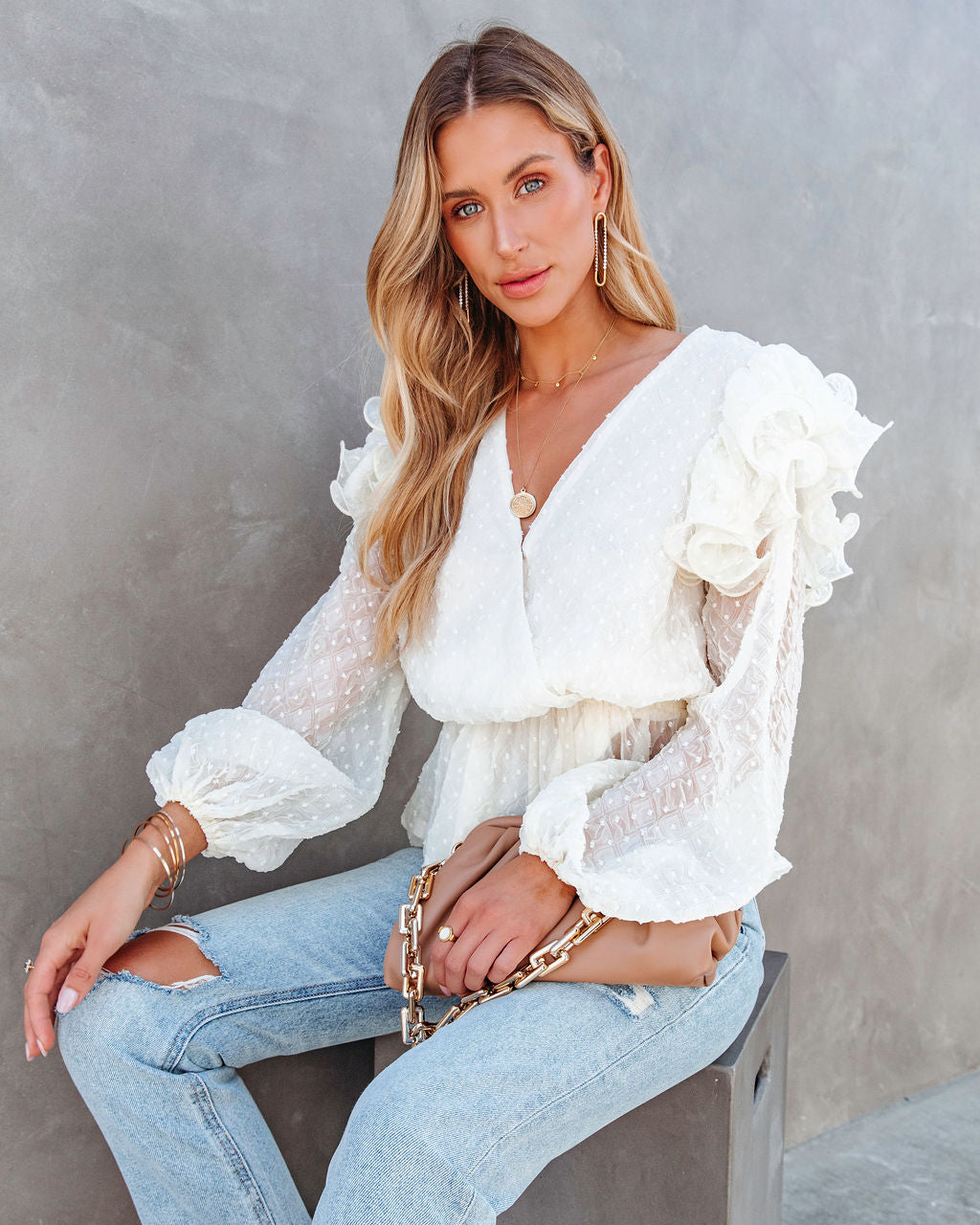 Victoria Anne Ruffle Peplum Top - Cream - FINAL SALE