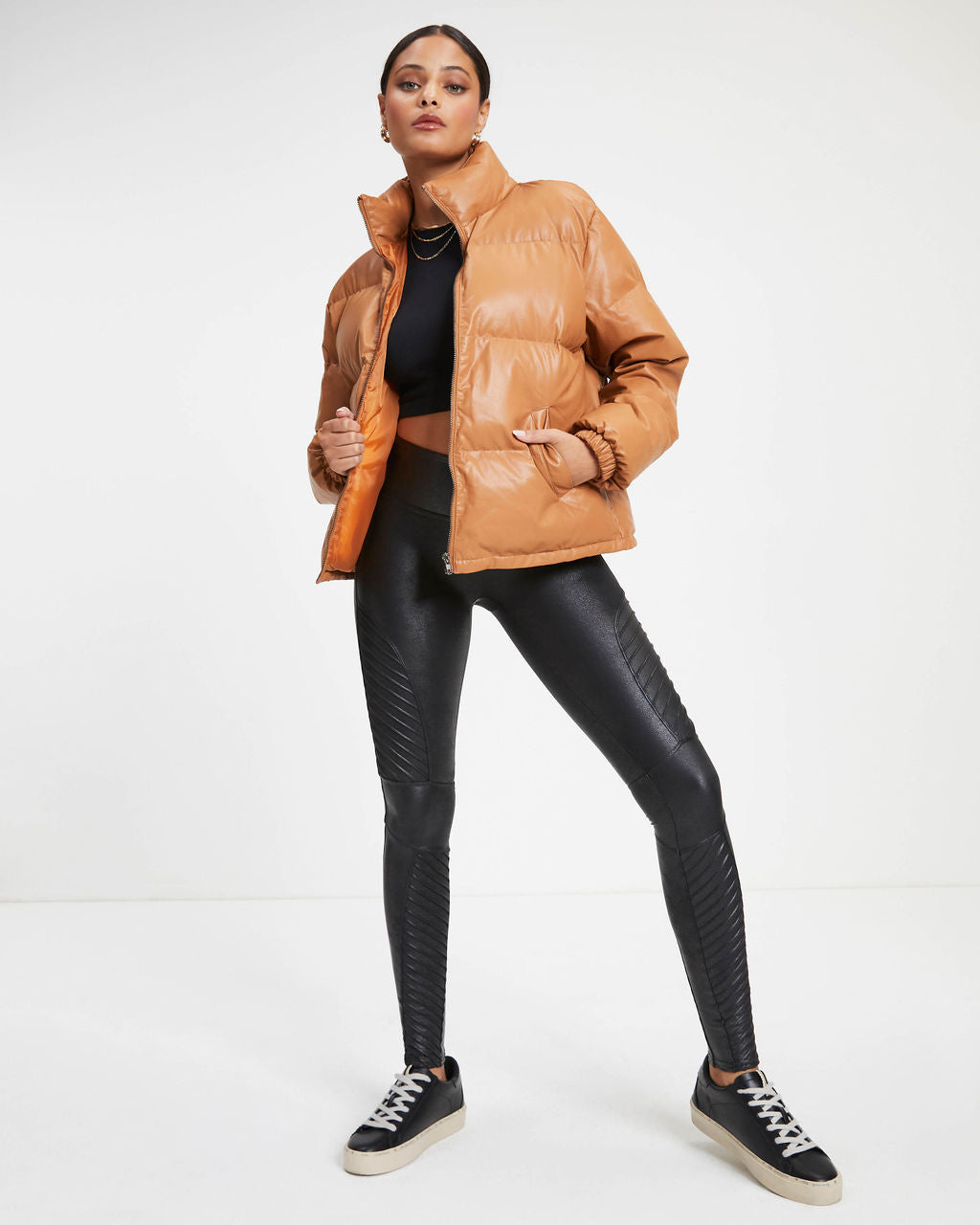 Raza Pocketed Faux Leather Puffer Jacket - Camel