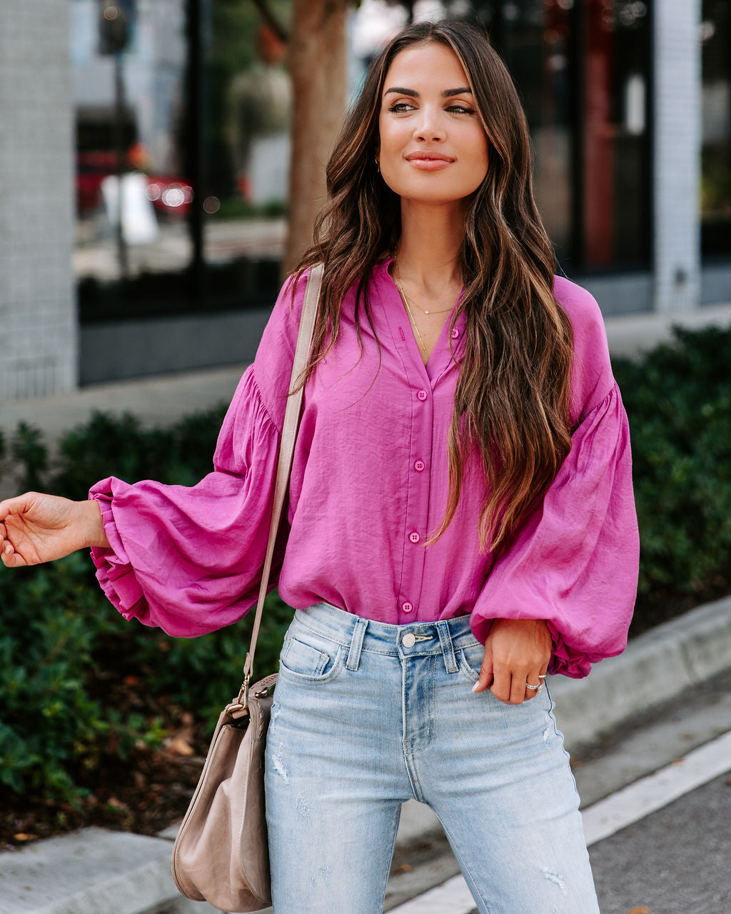 Asher Balloon Sleeve Button Down Top - Magenta - SALE
