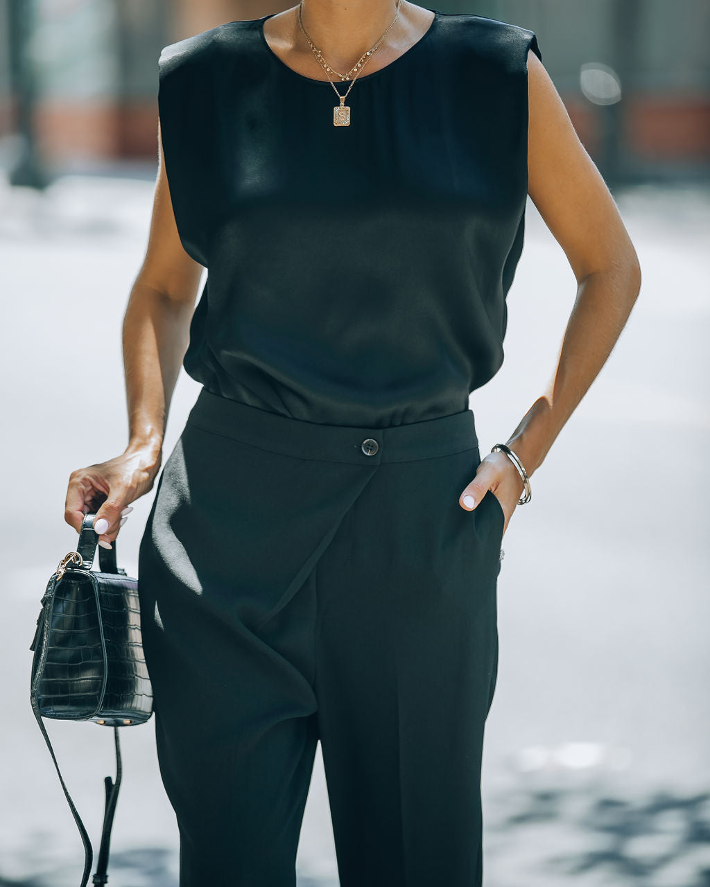 Fancy Gal Satin Padded Shoulder Top - Black - SALE