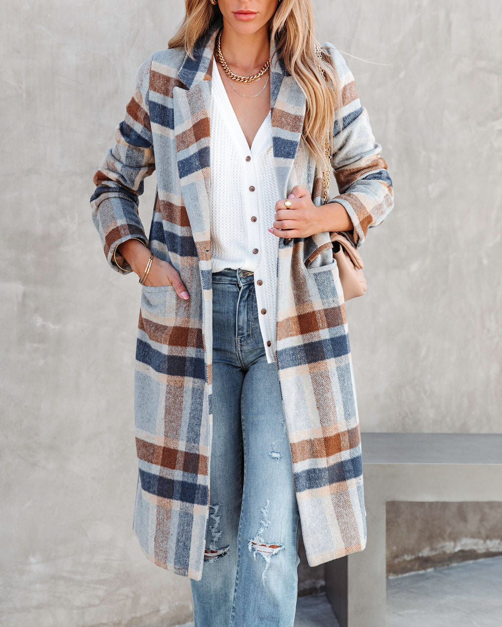 Brisk Rain Strolls Pocketed Plaid Coat