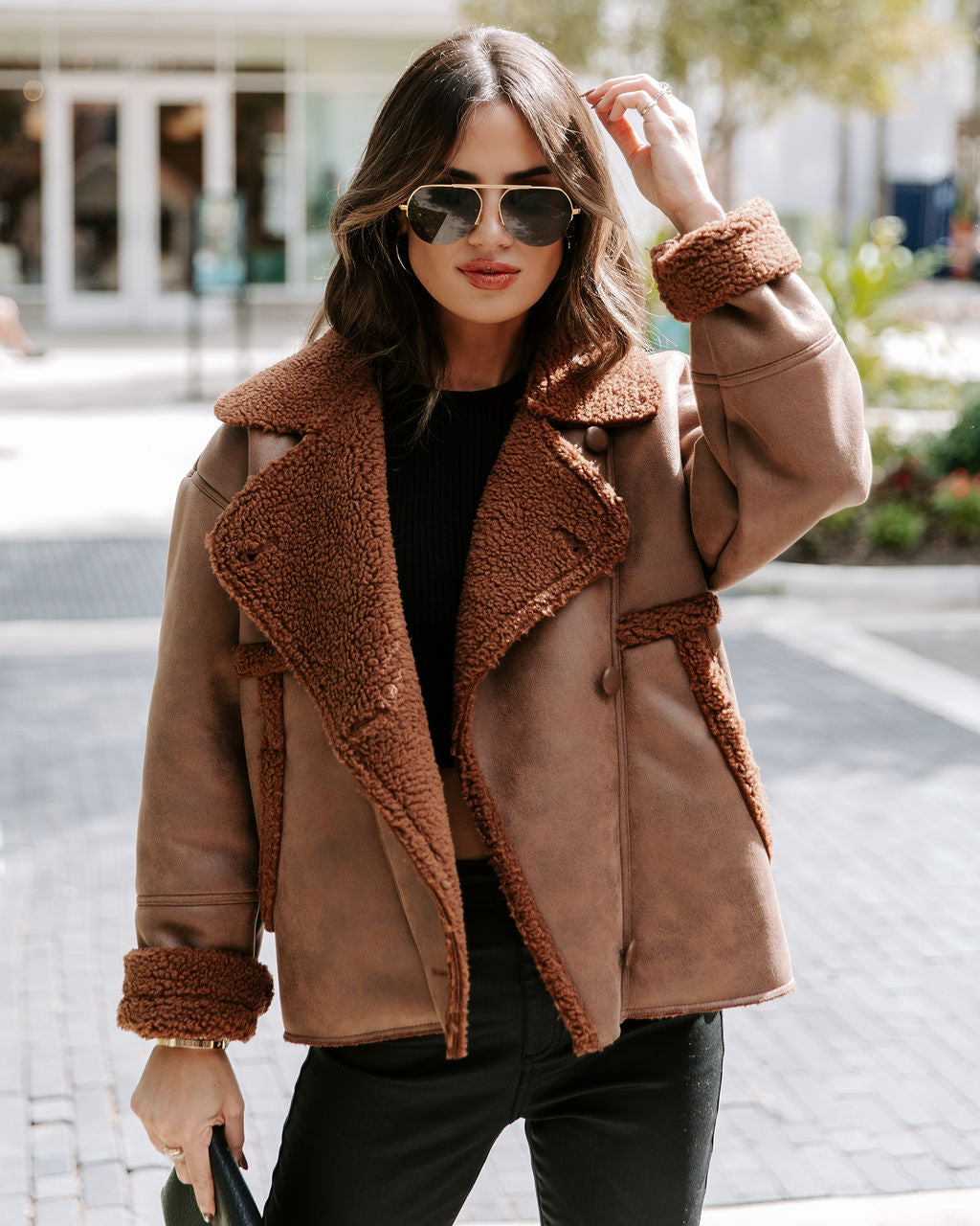 Karen Pocketed Faux Suede Sherpa Trim Jacket - Chocolate