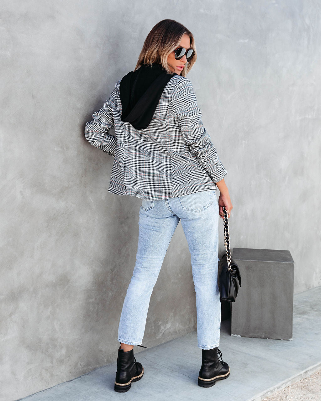 Avant Garde Gal Plaid Pocketed Hooded Blazer