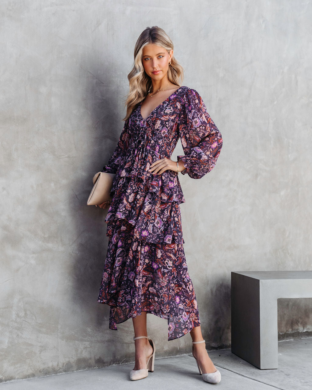 Maleah Floral Tiered Chiffon Midi Dress - Plum