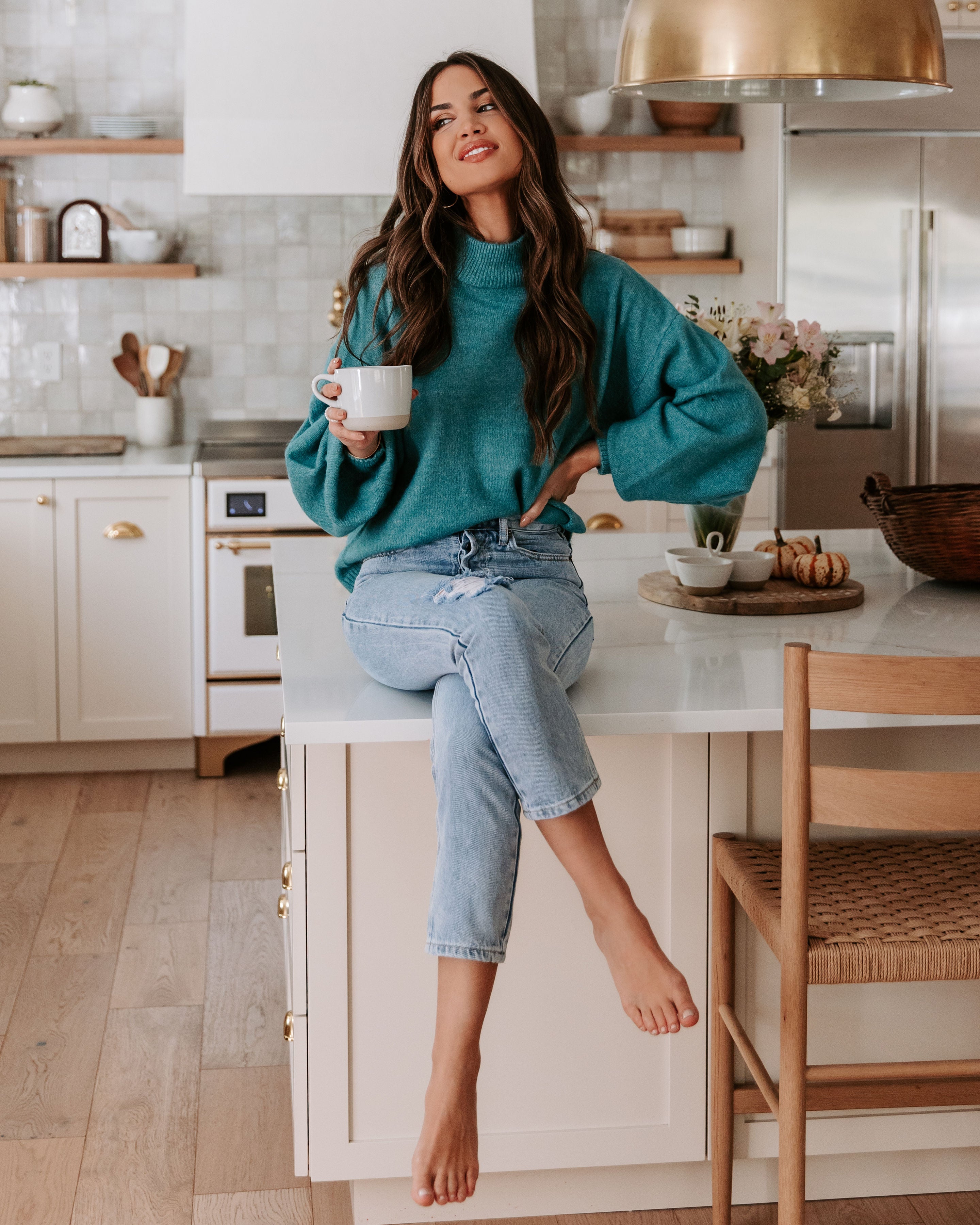 Annika Knit Mock Neck Pullover Sweater - Teal