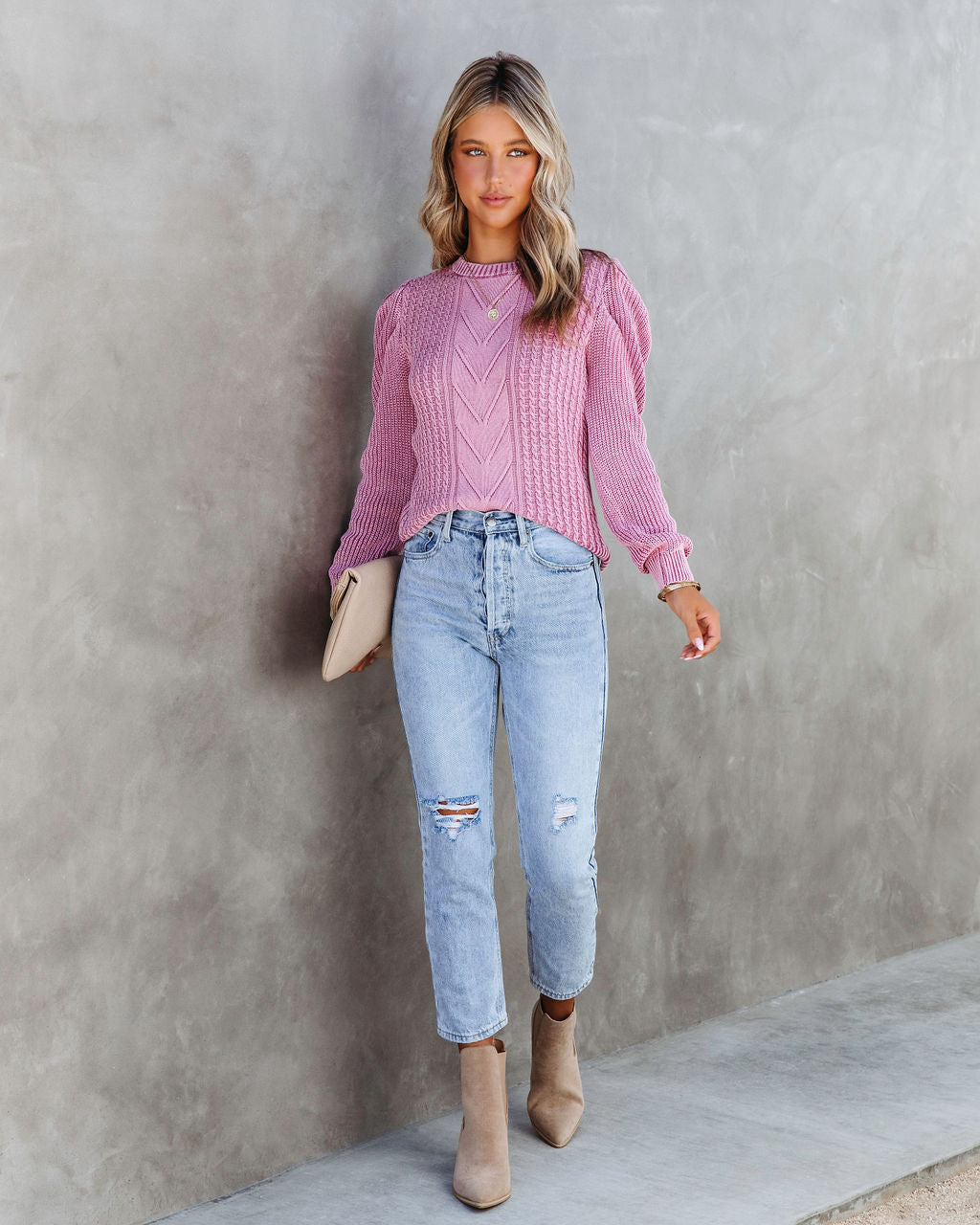 Alex Cotton Knit Pullover Sweater - Mauve