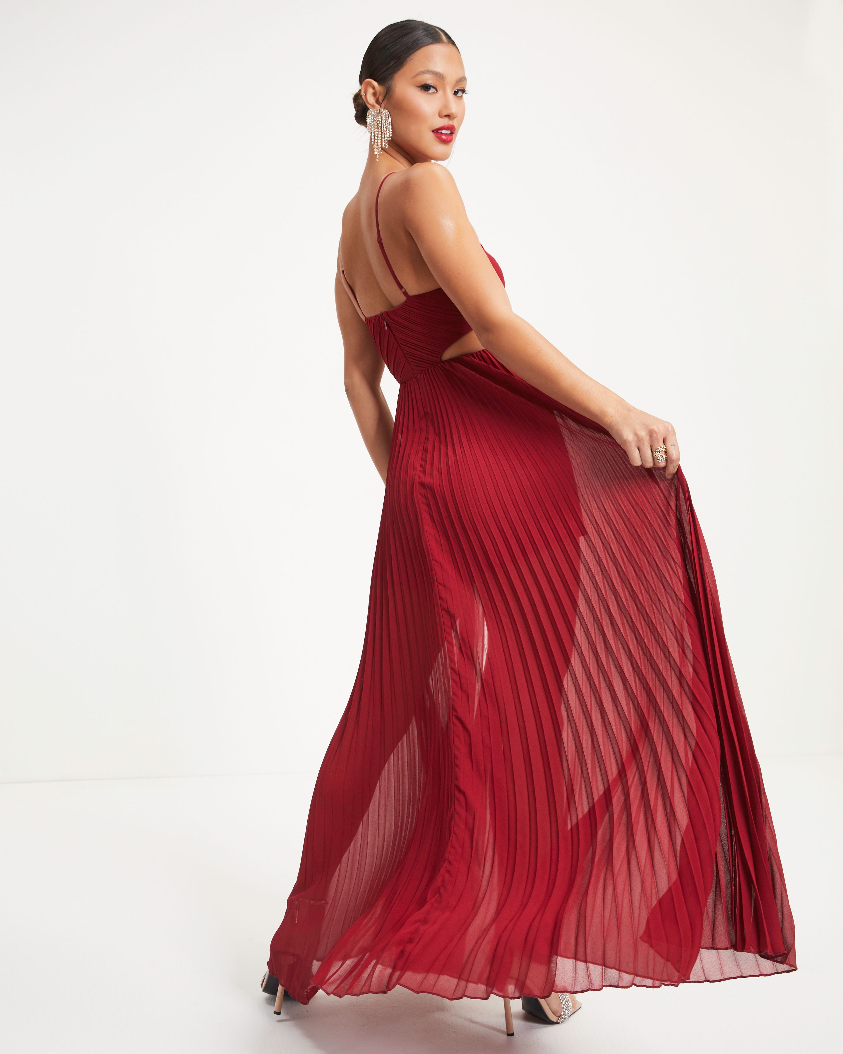 Jasmina Pleated Cutout Side Maxi Dress - Wine