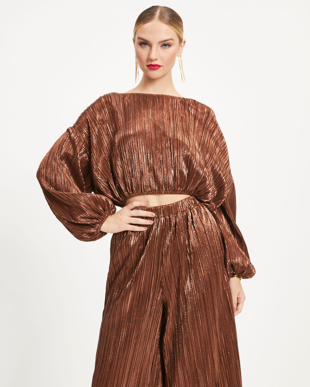 Kiyara Billowed Shimmer Plisse Top - Bronze