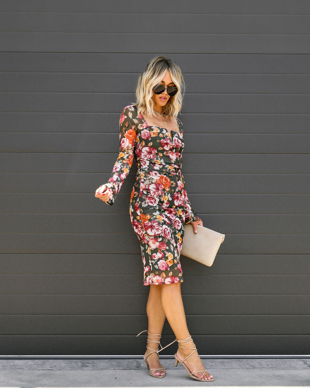 Maureen Floral Sheer Sleeve Midi Dress