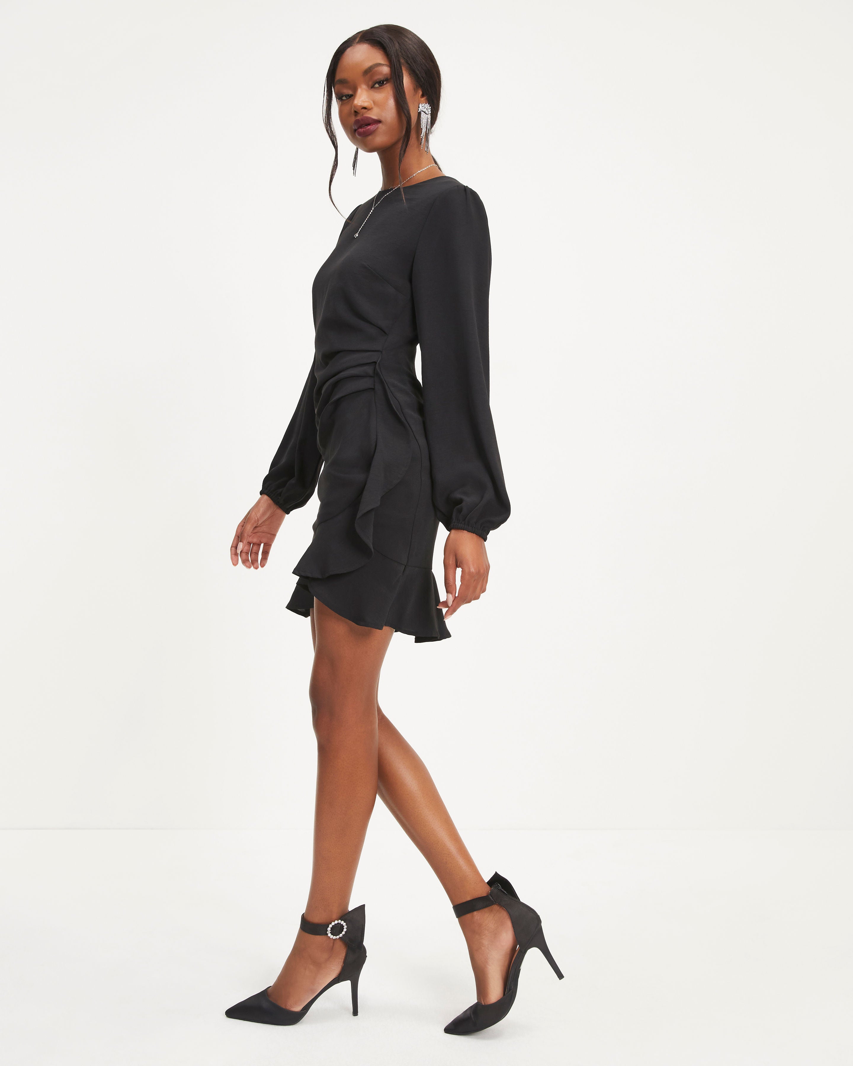Stay Classy Drape Ruffle Mini Dress - Black