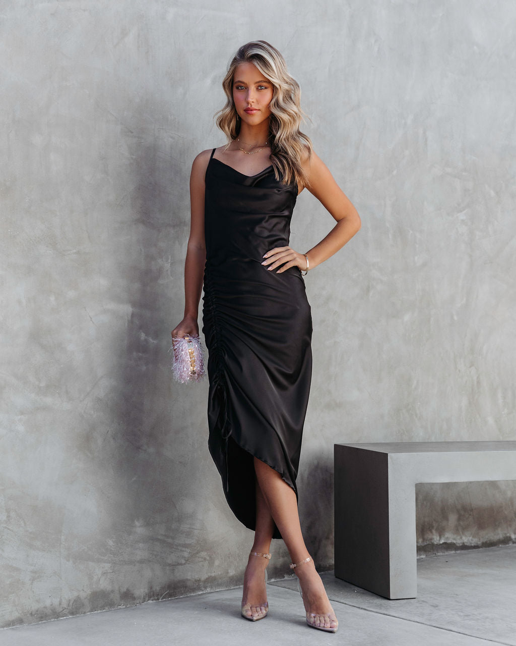 Juliana Satin Cowl Neck Ruched Asymmetrical Maxi Dress - Black