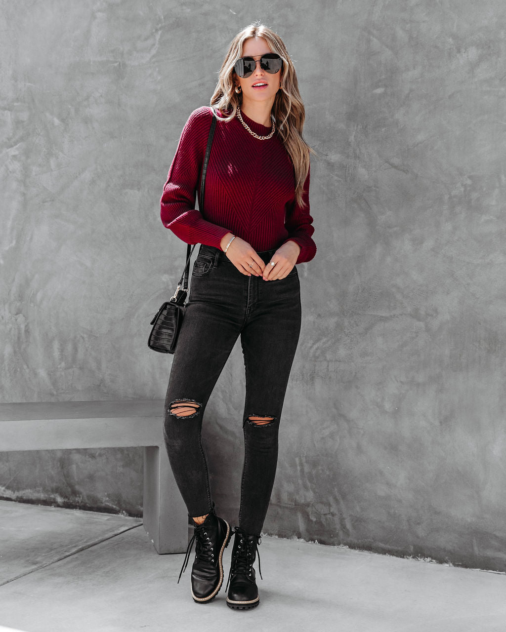 Archie Ribbed Knit Pullover Sweater - Wine