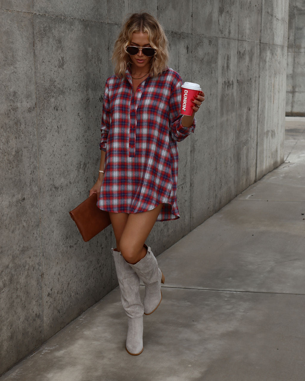 Averie Plaid Pocketed Shirt Dress - Red
