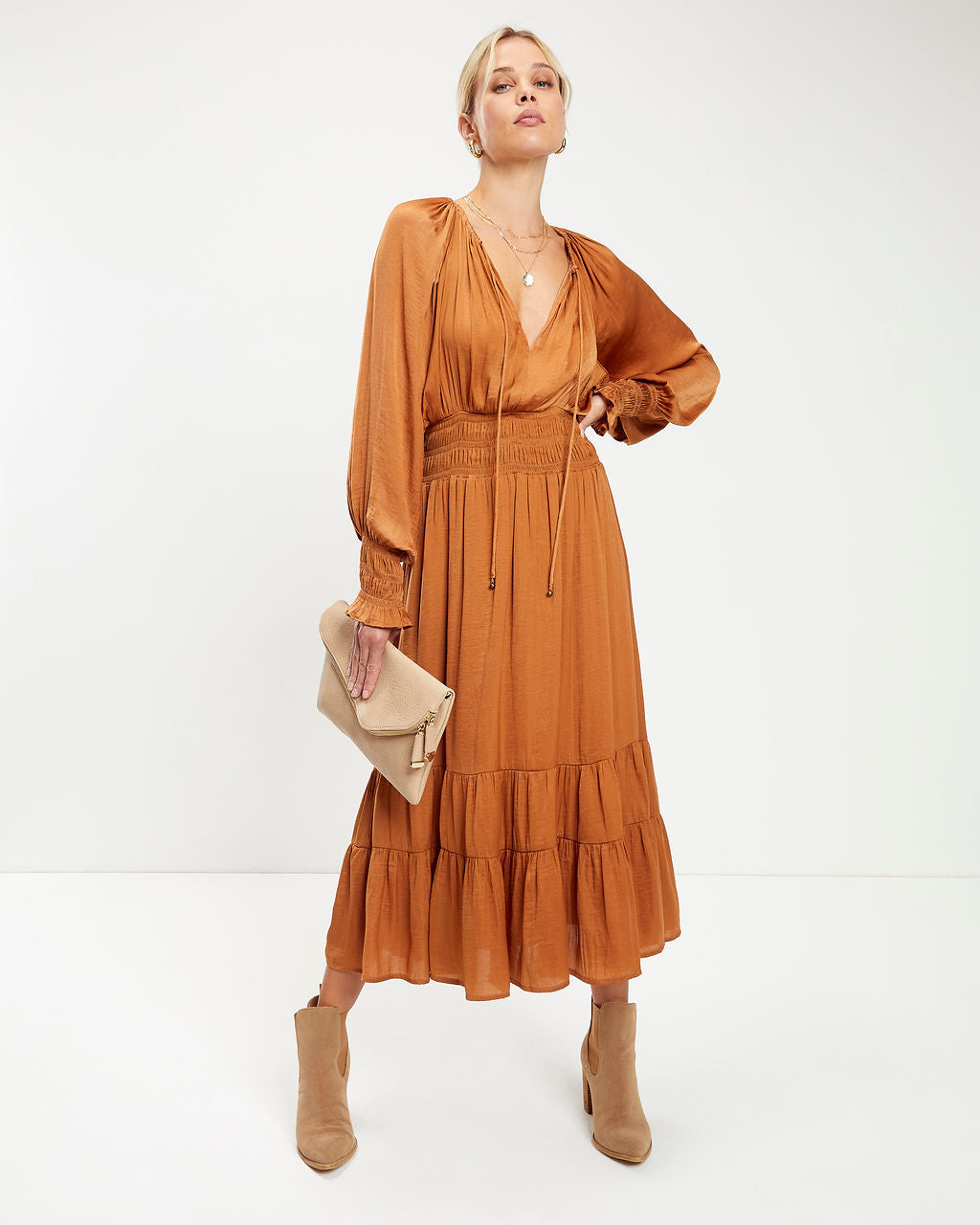 Robbie Satin Midi Dress - Camel