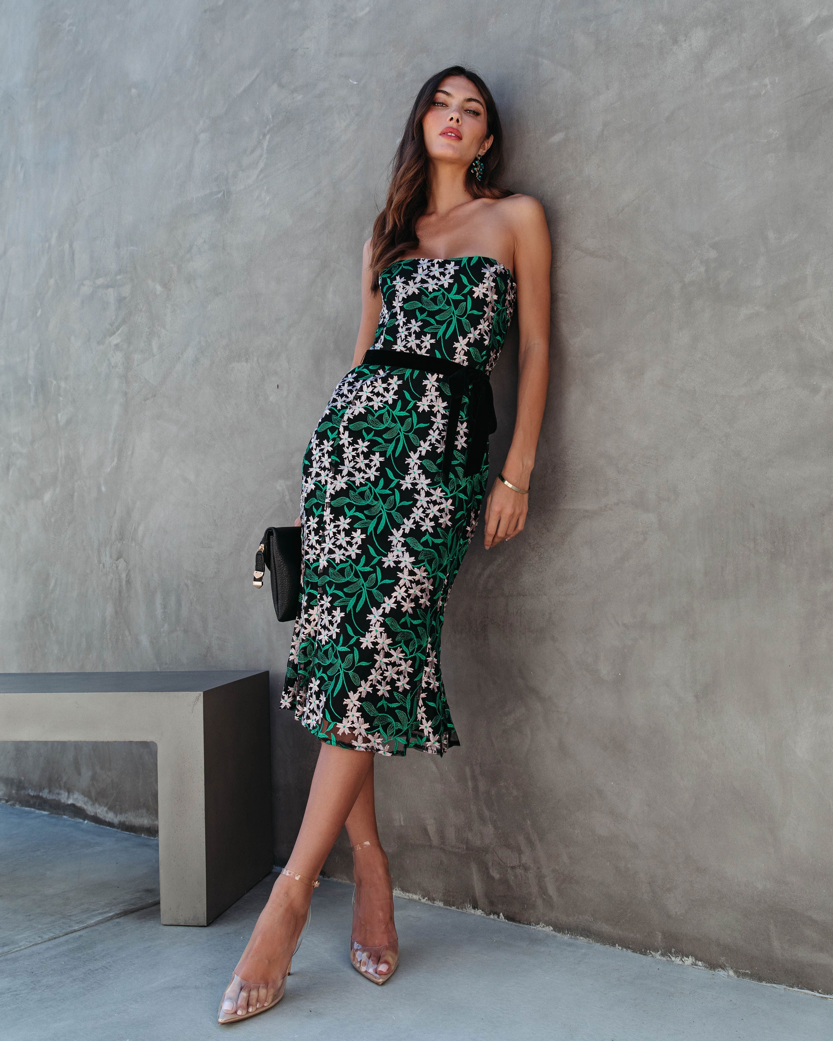 Midnight Paradise Strapless Floral Embroidered Midi Dress - Green