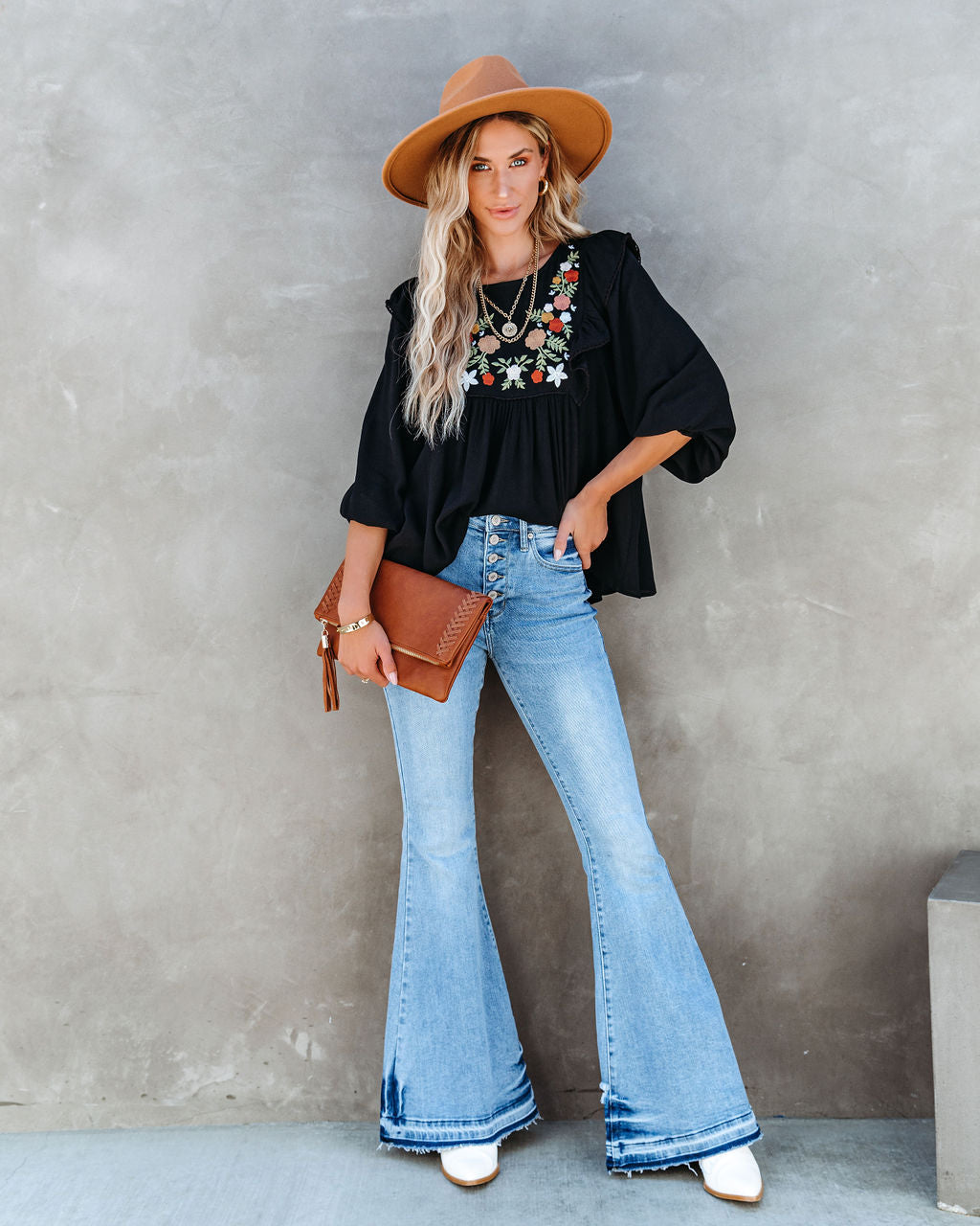 Bohemian Fall Floral Embroidered Babydoll Top - Black - SALE