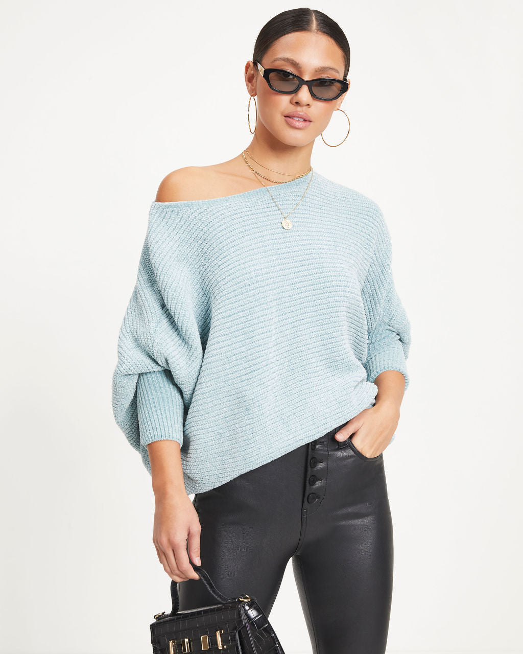 Austin Chenille Dolman Sleeve Pullover Sweater - Light Blue