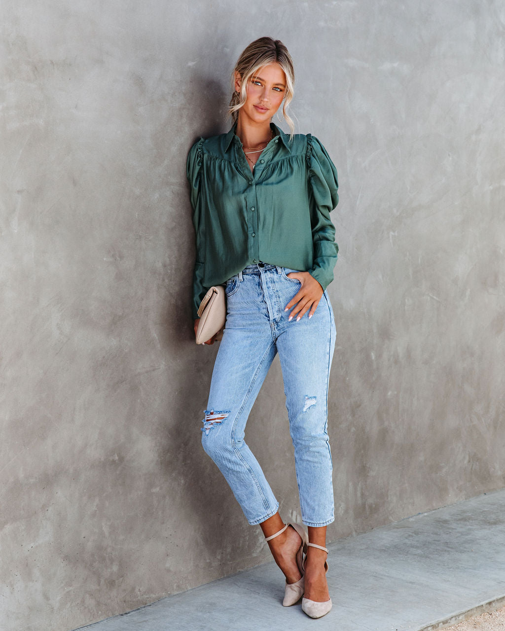 Southern Belle Puff Sleeve Button Down Top - Pine