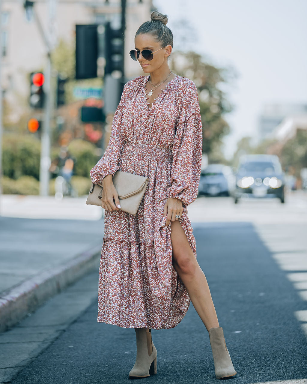 Autumn Flower Fields Smocked Ruffle Midi Dress