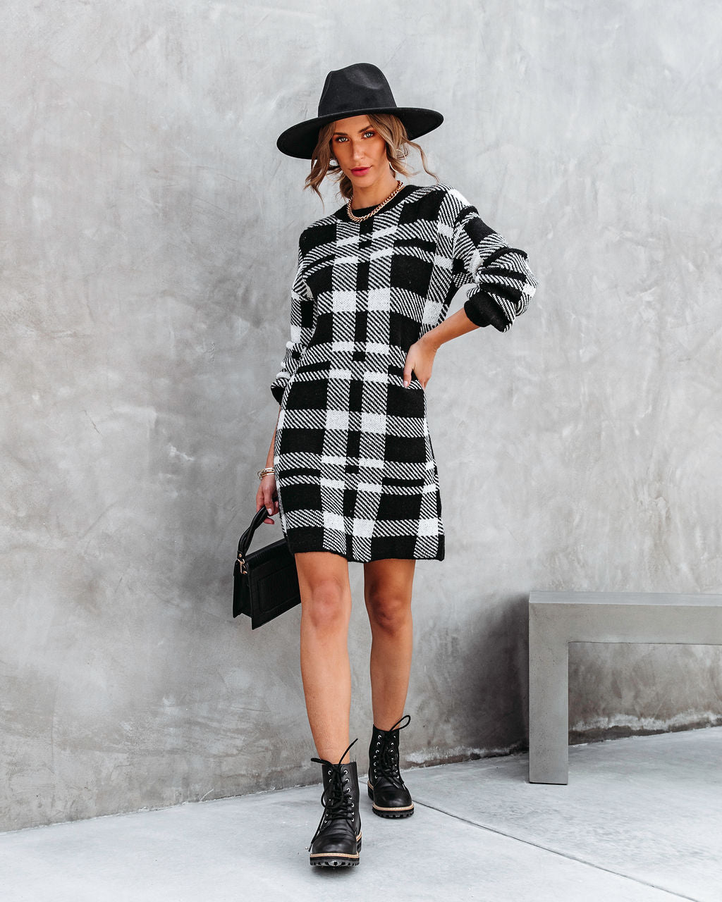 Very Forward Plaid Knit Sweater Dress