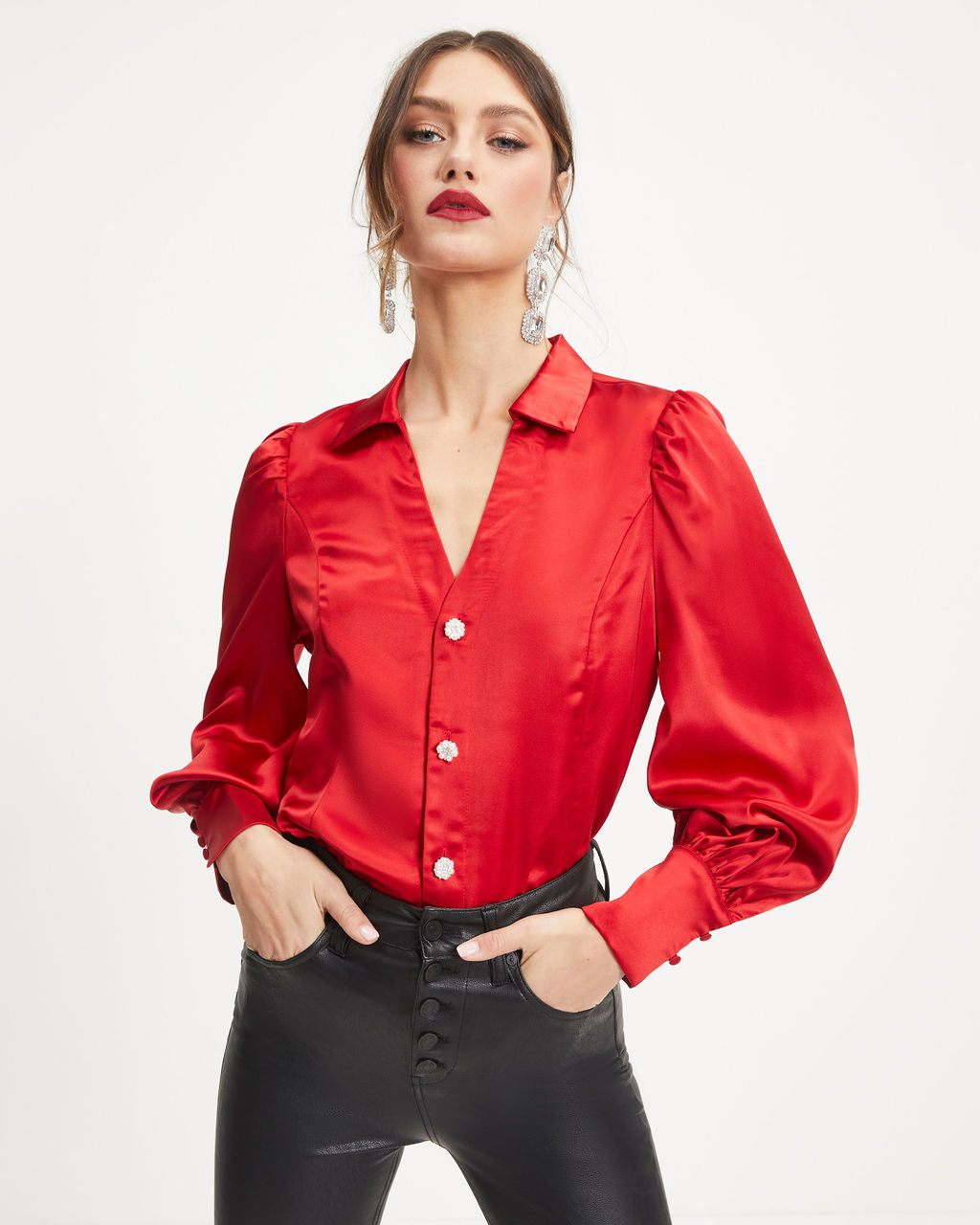 A Lovely Time Satin Embellished Button Down Top - Red