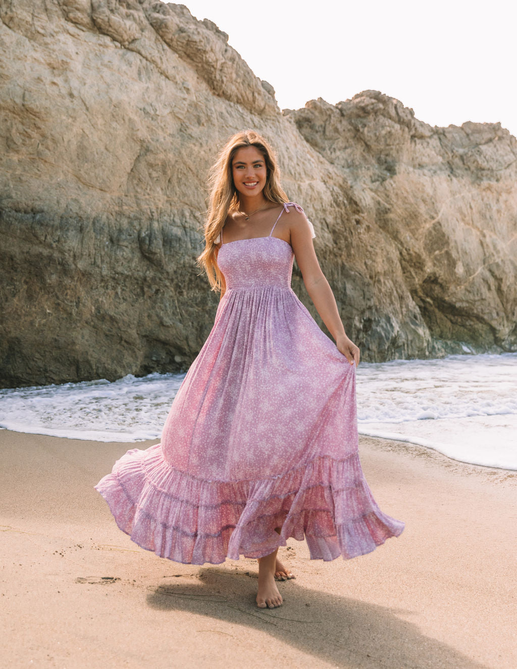 Bradlea Smocked Tassel Tie Maxi Dress - Lilac - SALE