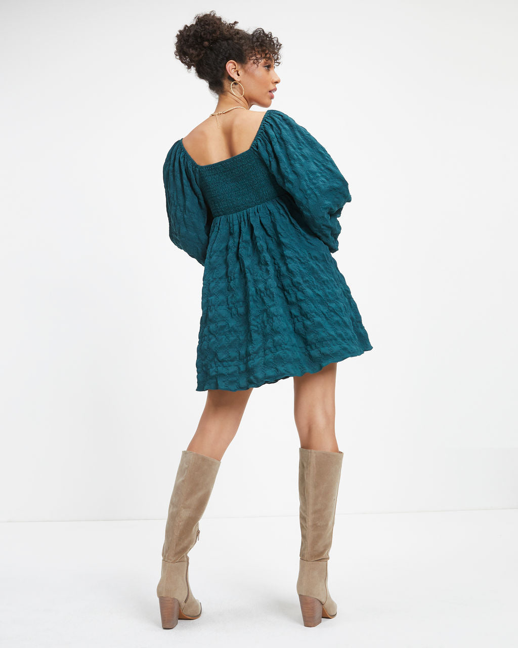 Lost In A Maze Textured Knit Babydoll Dress - Pine