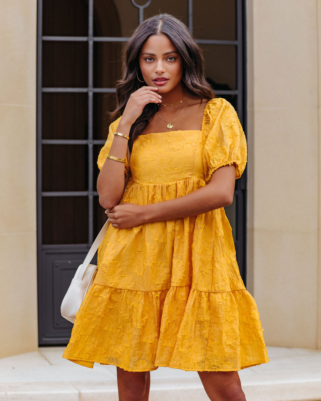 Picking Daisies Puff Sleeve Babydoll Mini Dress - Mustard Yellow - SALE