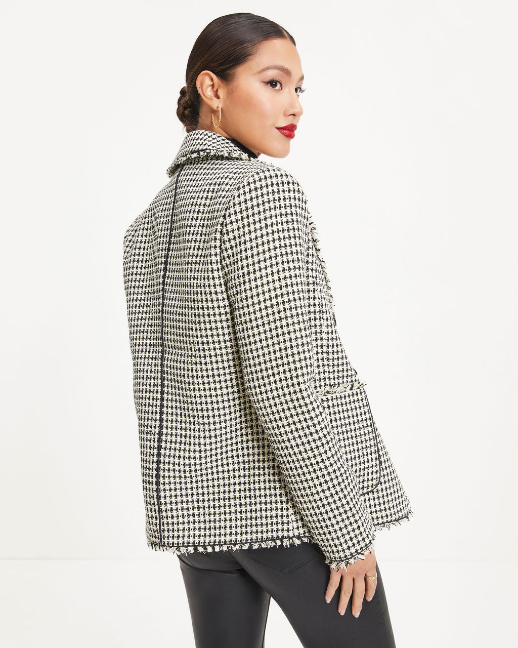 Seems About Right Frayed Pocketed Houndstooth Blazer