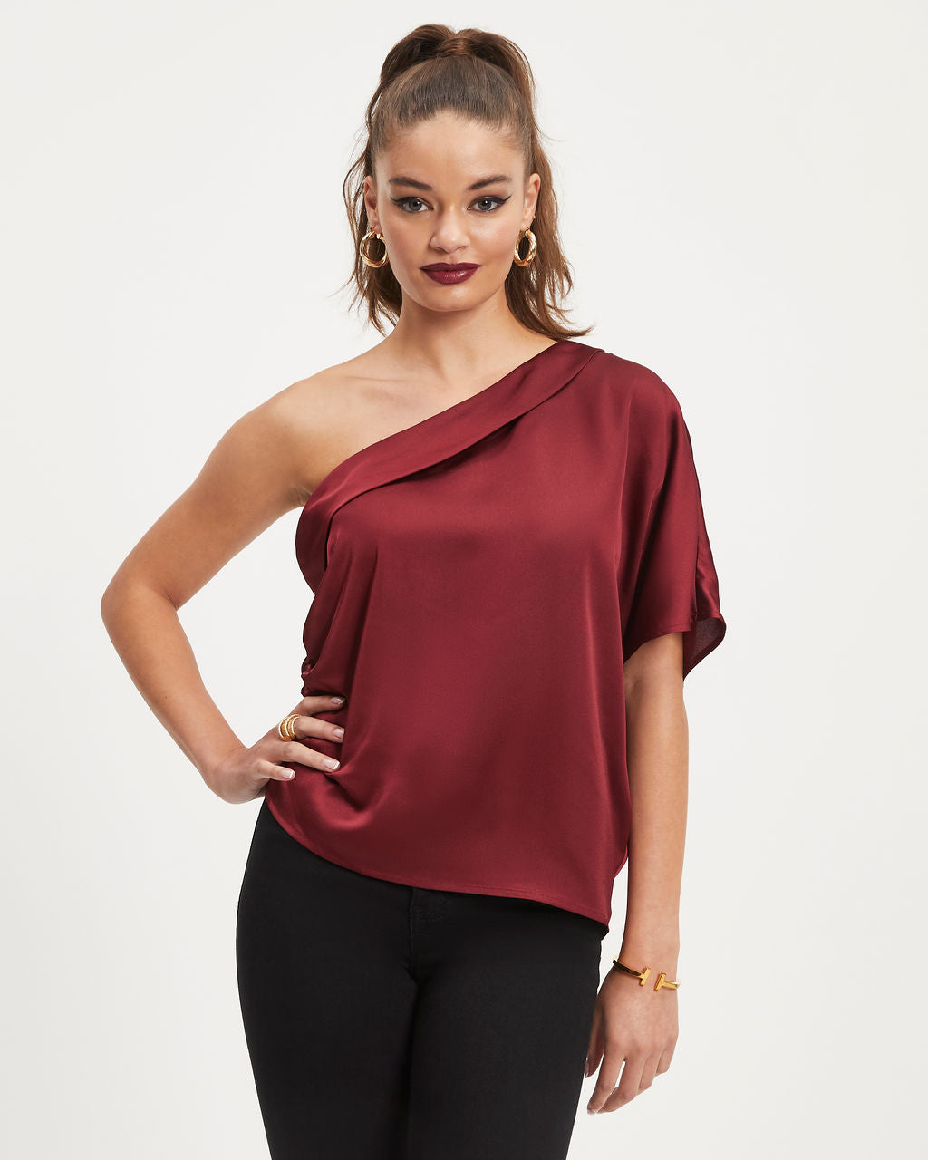 Sylvia Satin One Shoulder Top - Wine