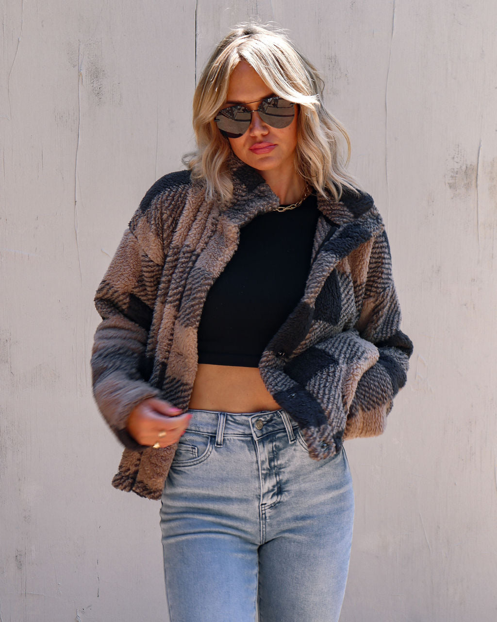 Bonfire Stories Plaid Pocketed Jacket - Beige/Black