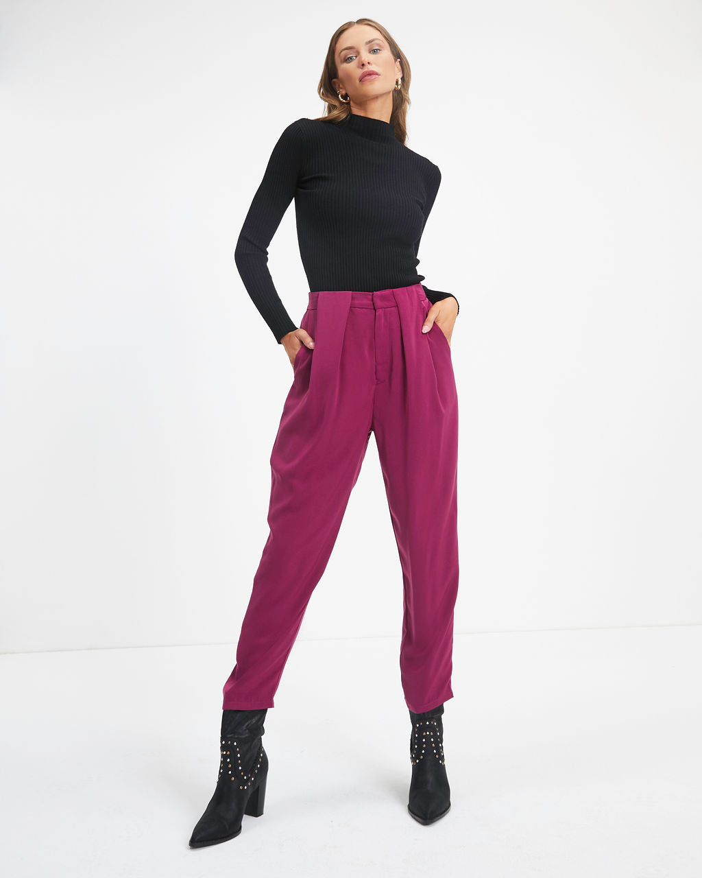 Naomi Ribbed Mock Neck Long Sleeve Top - Black
